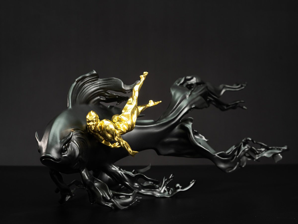 Surrealistic Animal Sculpture By Ming Li, 24 X 10", Fish Swimming In The Clouds, Original Artwork