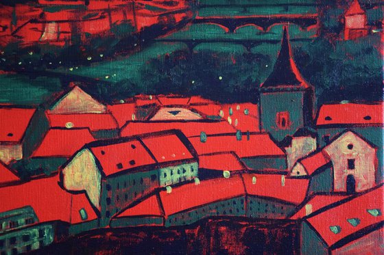 Big acrylic painting Red roofs of Prague, green and red