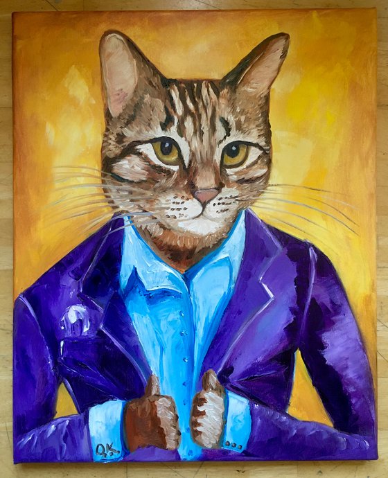 Troy The  Cat, dressed smart,   oil painting for cat lovers