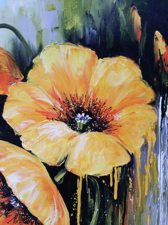 Yellow poppies(60x70cm, oil painting, palette knife, ready to hang)