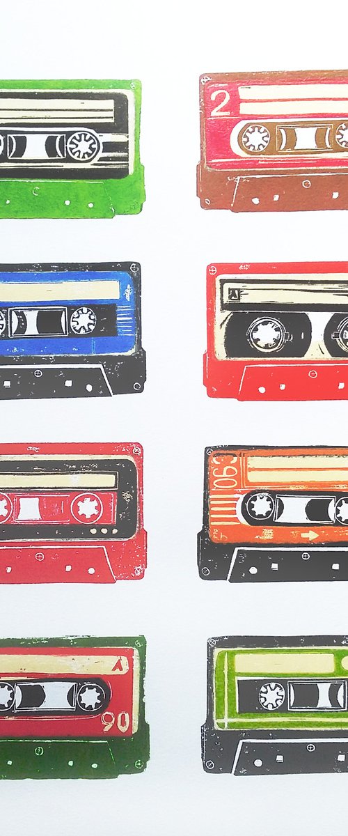 Linocut tapes #40 (cassette tapes, retro music, 70's, 80's rock culture) by Carolynne Coulson