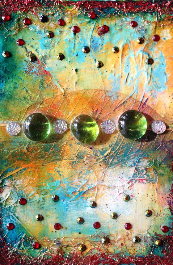 Equinox–Original mixed media art card, can be framed or gifted as a greeting card. Acrylic, glass bubbles, leaf, rhinestone, shine, love.