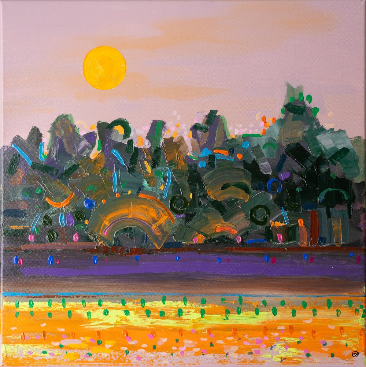 Organic Landscape Acrylic Painting By Joseph Villanueva, 24 X 24", Moonlit Peaks 2 (Av Art), Original Artwork