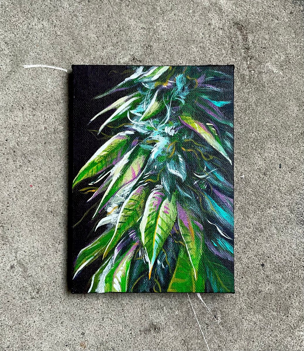 Illustrative Botanical Acrylic Painting By Amani Muhammad, 5 X 7, Marijuana, Original Artwork