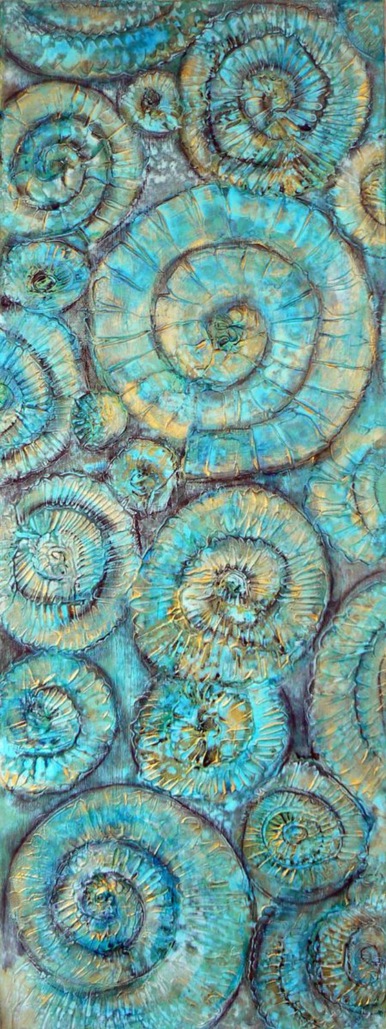 Turquoise Ammonites (textured fossil artwork, ready to hang)