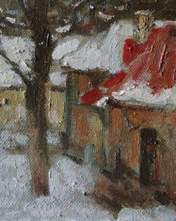 Original Oil Painting Wall Art Signed unframed Hand Made Jixiang Dong Canvas 25cm × 20cm Landscape Snowy Farm near Prague Small Impressionism Impasto