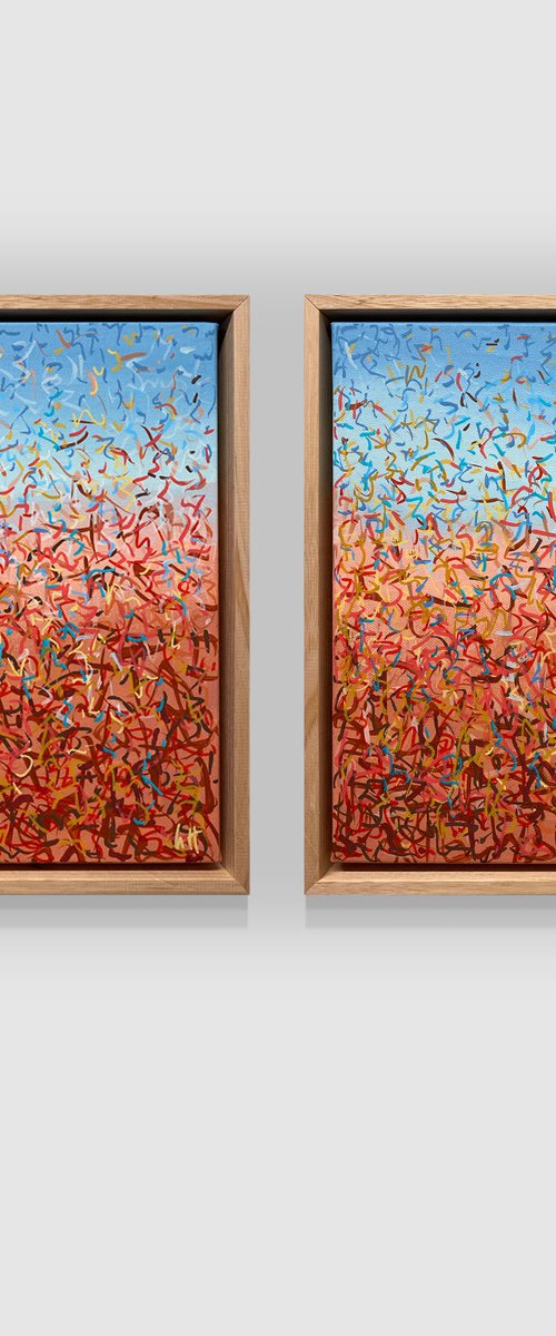 Oondiri Dancers Diptych Framed- 33 squ each- acrylic painting on canvas by George Hall