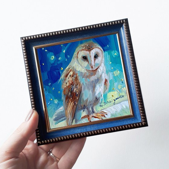 Owl bird painting original in frame 4x4 inch, Bird wall art bird celestial gift