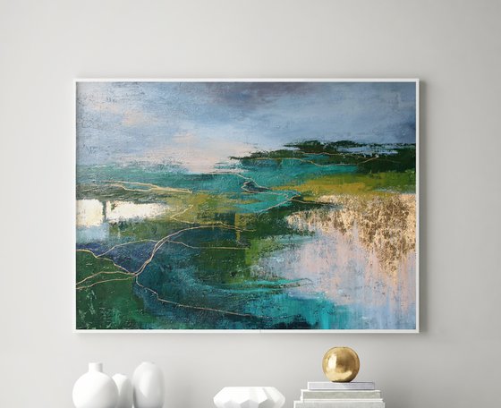 "North 2" Abstract nature green gold acrylic