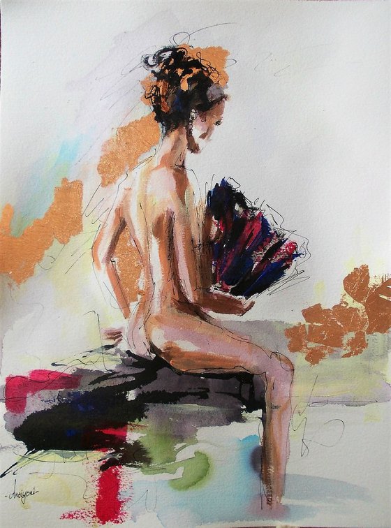 Woman Study - Watercolor Mixed media Painting in Paper