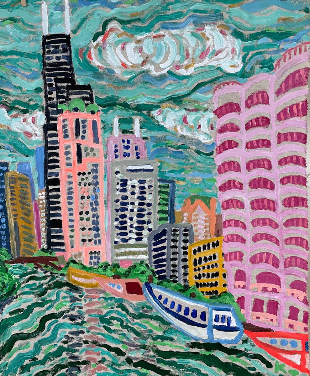 Expressive Cityscapes Acrylic Painting By Katie Jurkiewicz, 28 X 36", Chicago River (South Branch), Original Artwork