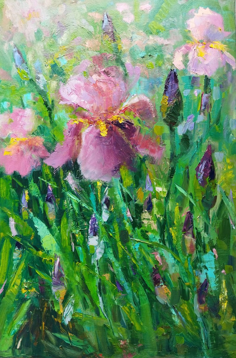 Impressionistic Botanical Watercolour By Ann Krasikova, 16 X 24, Blush Irises In Bloom, Original Artwork