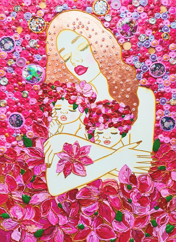 Mother and babies. Hot pink painting with floral woman. Mosaic love gift