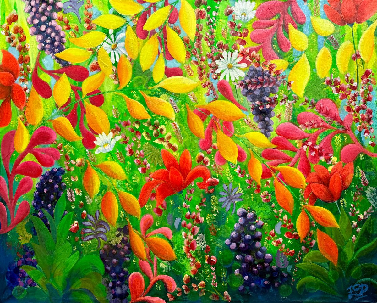 Expressive Botanical Acrylic Painting By Emma Sian Pritchard, 40 X 32, Autumnal Paradise, Original Artwork