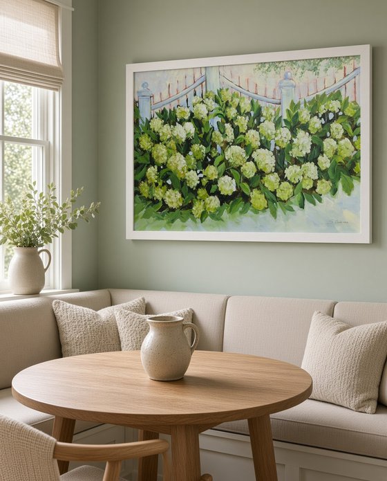 White Hydrangeas by the Fence