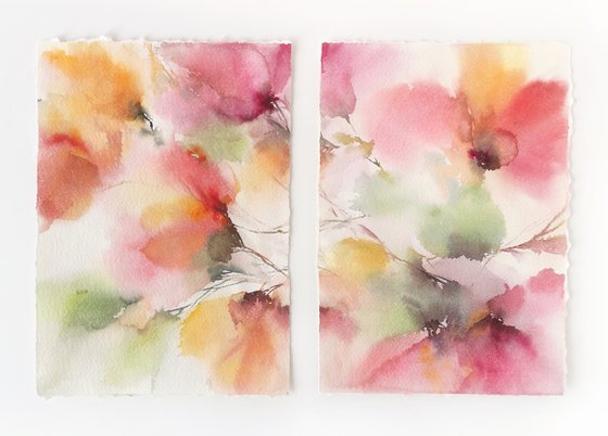 Abstract flowers. Watercolor floral set of 2 paintings