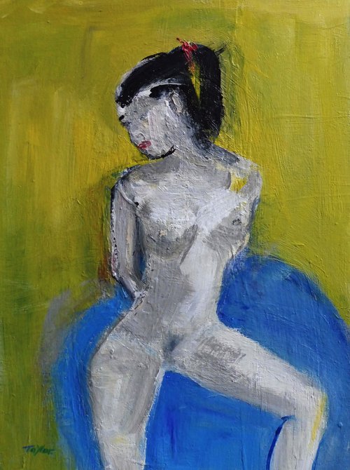 SUBTLE NUDE FEMALE, RED RIBBON, on BLUE. by Tim Taylor