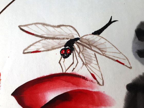 Red lotus and dragonfly in a circle - Oriental Chinese Ink Painting