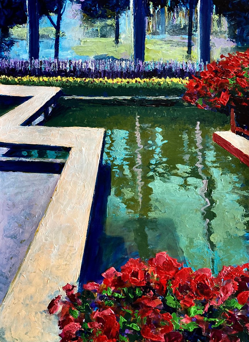 Impressionistic Cityscapes Acrylic Painting By John Cottee, 22 X 30, Pool With Flowers, Original Artwork