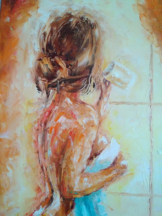Sunny morning , Erotic Painting Original Art Female Nude Artwork Window Wall Art 40x50 cm, ready to hang.