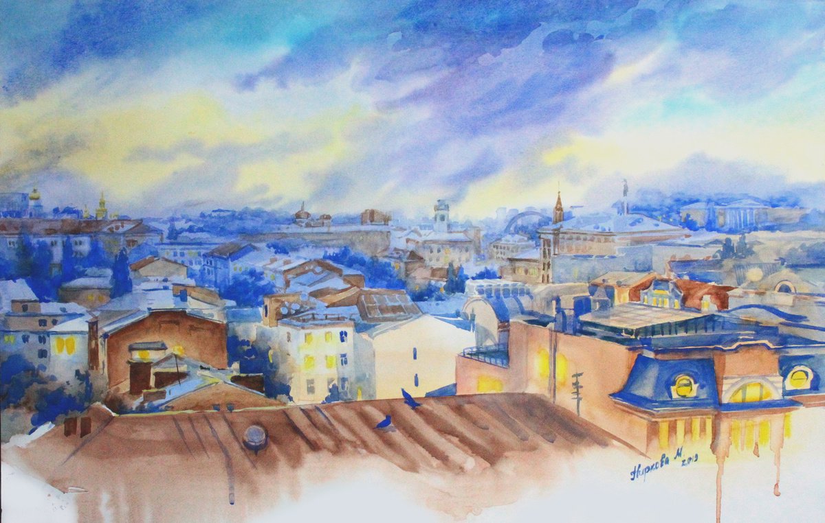 Watercolor sunset blue and yellow evening cityscape by Marta Nyrkova