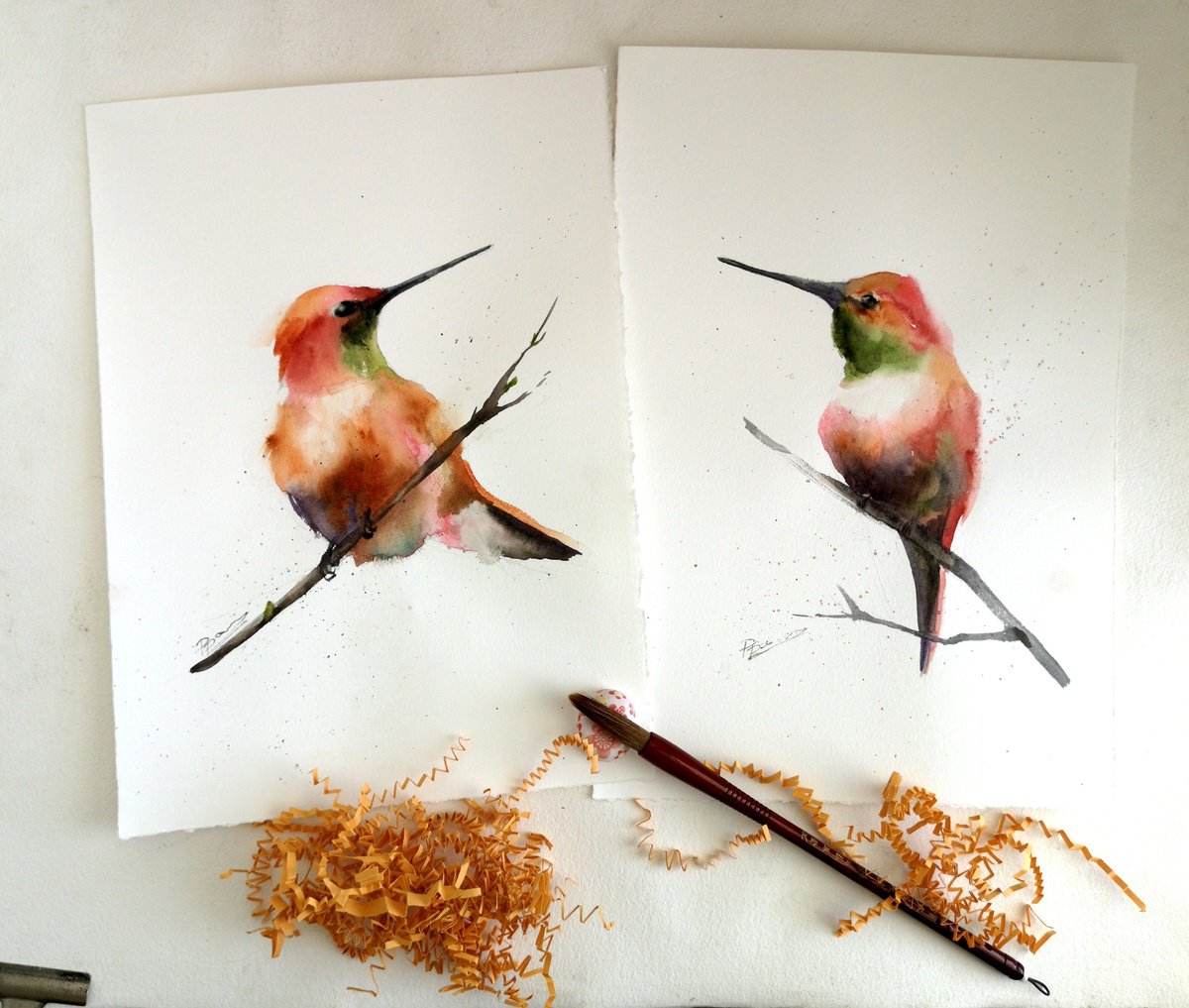 Impressionistic Animal Watercolour By Olga Tchefranov (Shefranov), 20 X 14", Hummingbird Diptych, Original Artwork