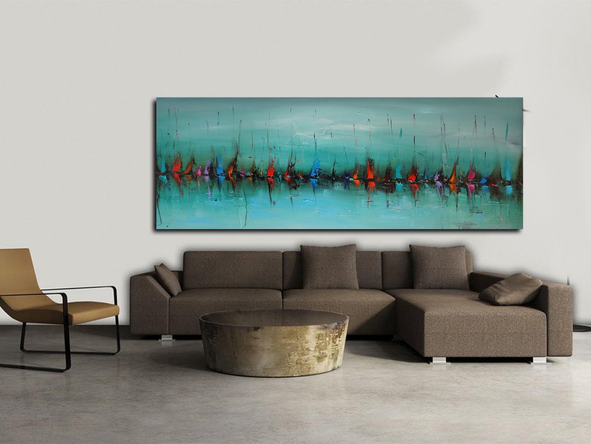 Abstract Landscape Oil Painting By Stanislav Lazarov, 79 X 28", Abstract Charts, Original Artwork