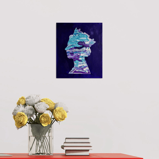 Queen #49  on ultramarine  background TURQUOISE,  PURPLE, SILVER METALLIC, NAVY BLUE  inspired by Queen Elizabeth II