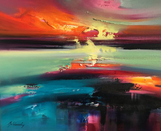 Heat Waves - 60 x 70 cm, abstract landscape oil painting in pink and green