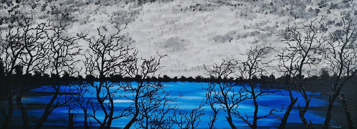 Impressionistic Landscape Acrylic Painting By Daniel Urbani?k, 31 X 12, Blue Lake 4, Original Artwork