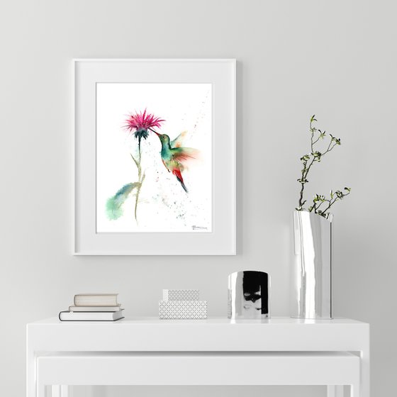Hummingbird and Flower - watercolor painting