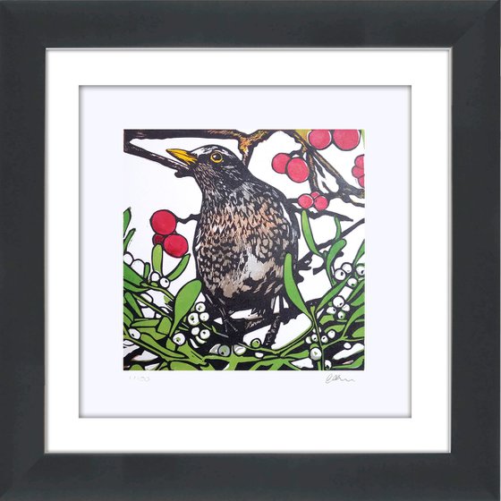 Redwing, red berries and mistletoe framed and ready to hang