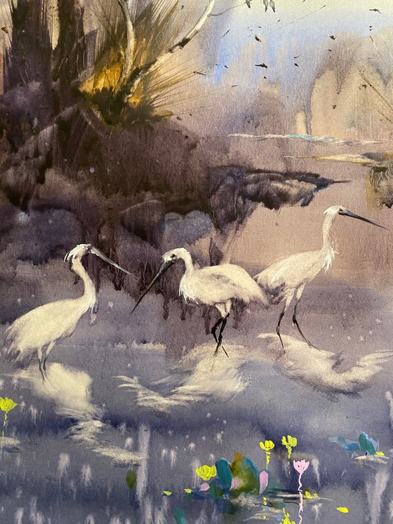 Watercolor Sold “Evening on the lake.White birds” perfect gift