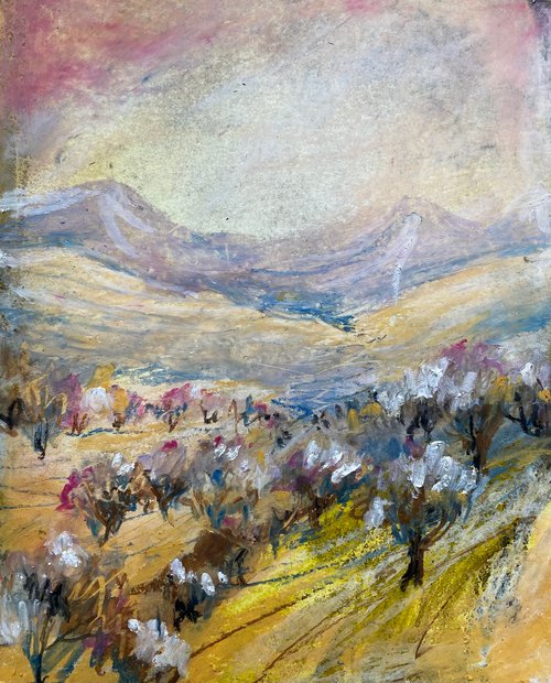 pink landscape 2 - oil pastels on watercolored paper by Anna Boginskaia