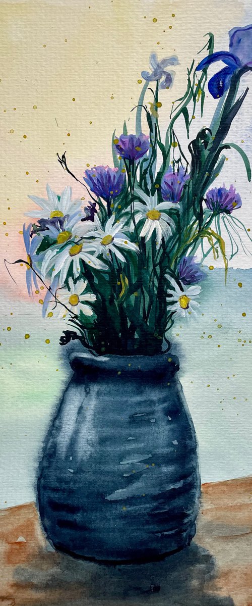 Flowers Original Watercolor Painting, Daisy Wall Art, Wildflowers Artwork, Cottagecore Art, Gift for Her by Kate Grishakova