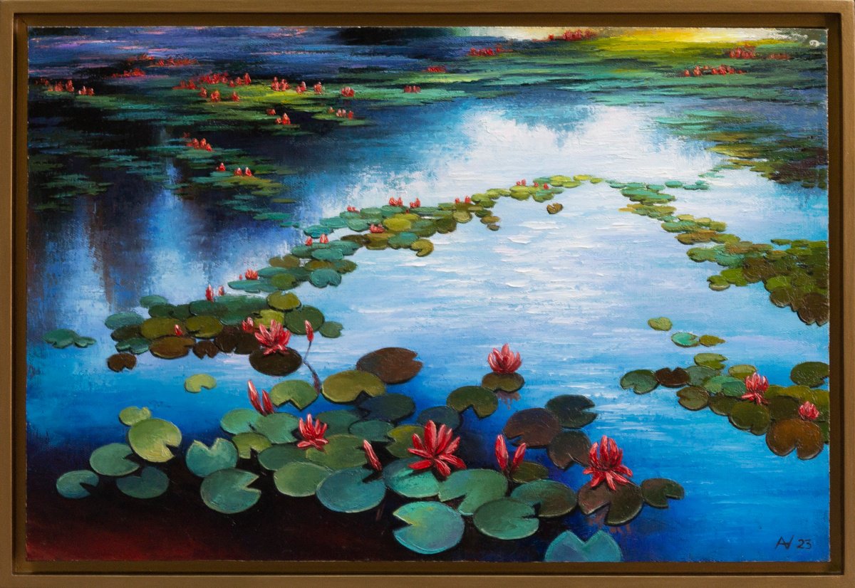 Impressionistic Landscape Oil Painting By Oleksii Vylusk, 25 X 17", Water Lilies 10, Original Artwork