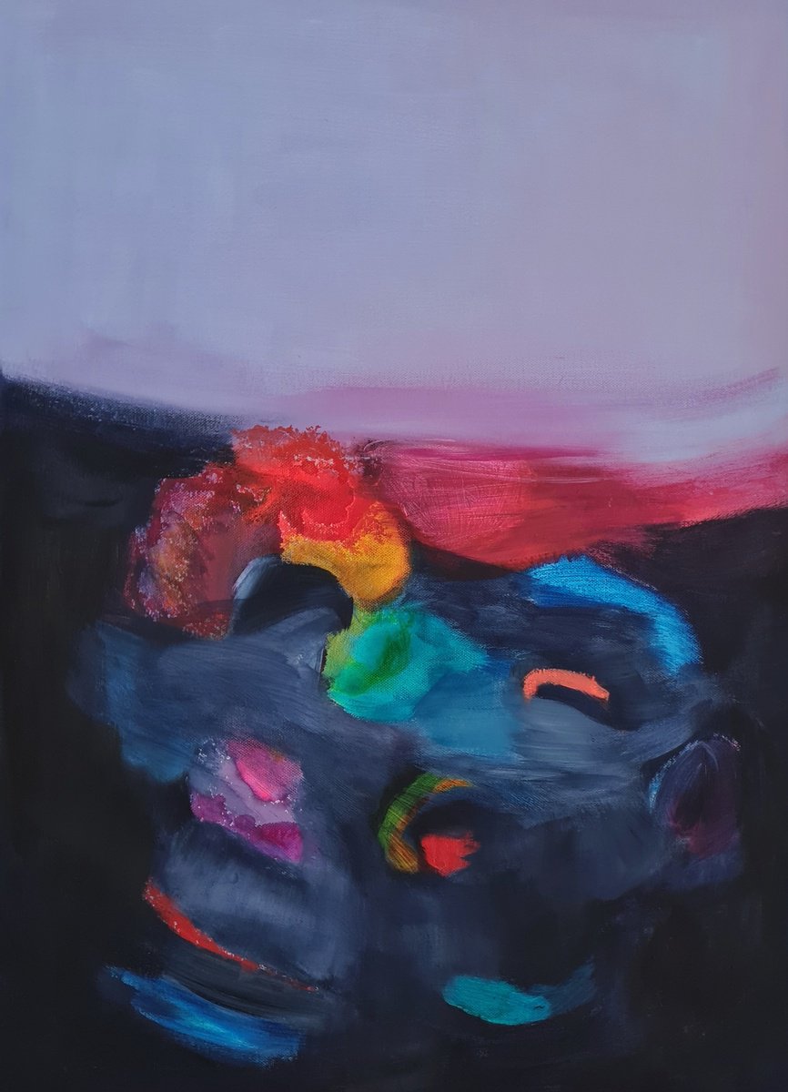 Organic Landscape Acrylic Painting By Wioletta Gancarz, 20 X 28", Night Flowers, Original Artwork