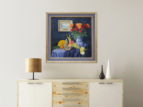 Roses in a ceramic vase and fruits