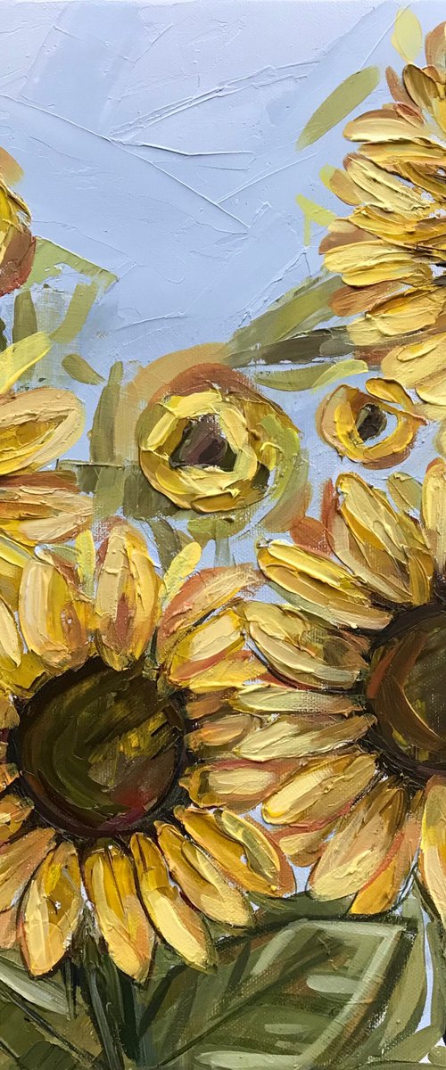 Sunflowers oil impasto painting 38x38cm by Leysan Khasanova