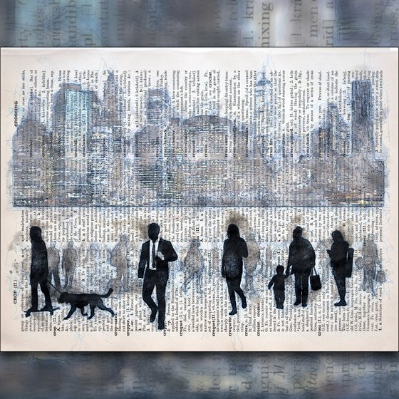 City Rush - Manhattan - Collage Art Print on Large Real English Dictionary Vintage Book Page
