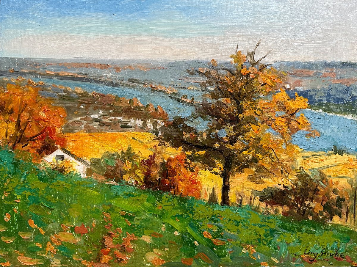 Impressionistic Landscape Oil Painting By Ling Strube, 16 X 12", Autumn On The Rhine, Original Artwork