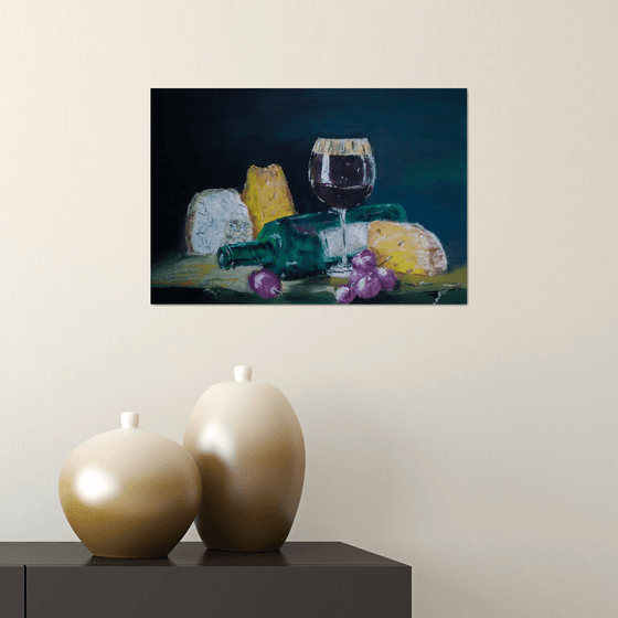 Still life with wine and cheese. Original dry pastel vine small classic