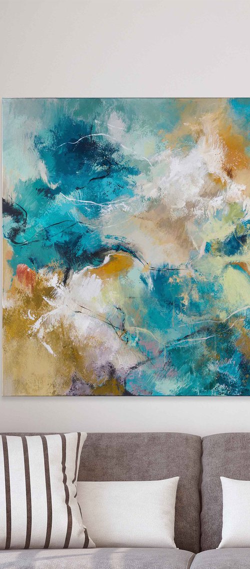 "Earth" Teal orange acrylic abstract art by Nina
