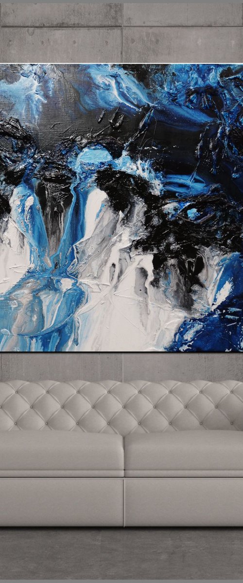 Midnight Granite 140cm x 100cm Blue White Textured Abstract Art by Franko