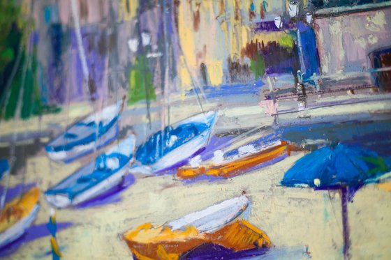 Minori, Amalfi coast. View from the sea. Cities of my dreams series. Medium oil pastel drawing bright colors italy