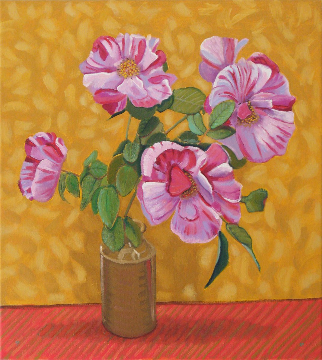Botanical Oil Painting By Richard Gibson, 18 X 20", Roses Against A Yellow Background, Original Artwork