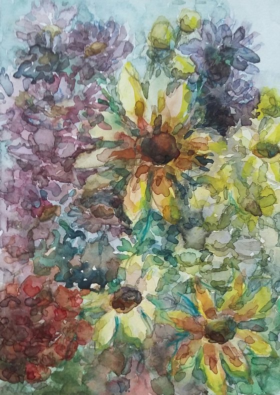 Flower bed. Original watercolour painting.