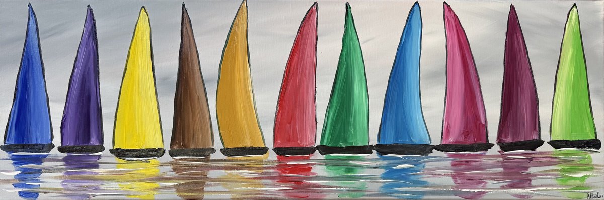 Impressionistic Landscape Acrylic Painting By Aisha Haider, 36 X 12, Row Of Regattas, Original Artwork
