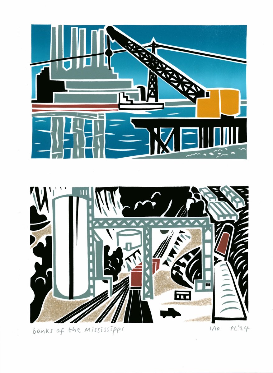 Graphic Landscape Print By Peter Long, 12 X 16", Banks Of The Mississippi, Original Artwork