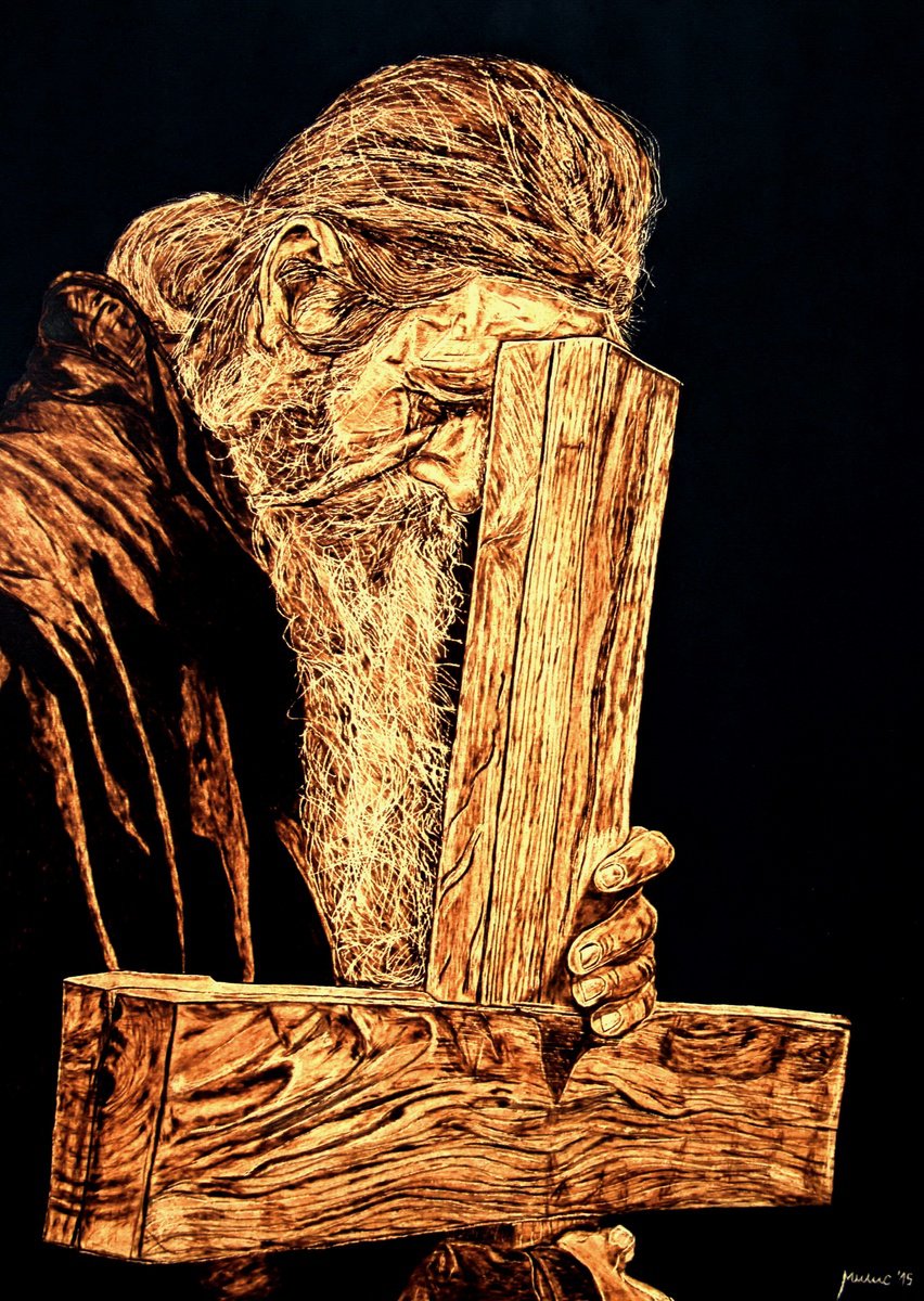 Expressive Portrait Painting By Milis Pyrography, 20 X 28", Prayerful Silence, Original Artwork